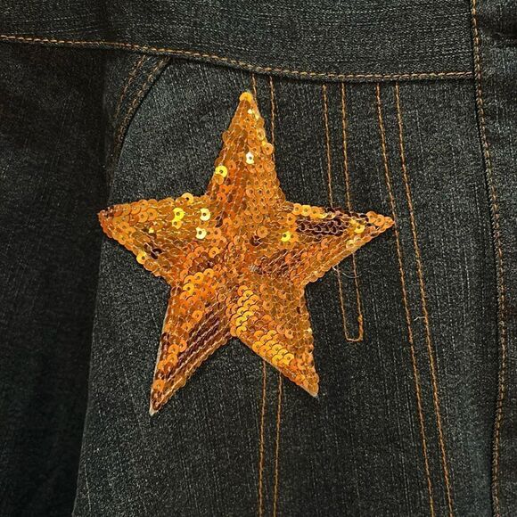 Ashro sleeveless Dress denim look faux patch pockets buttondown sequin stretch 8 - Picture 10 of 17